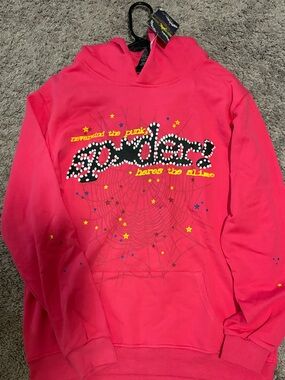 Hot Pink Hoodie with Spider Graphic and Stars